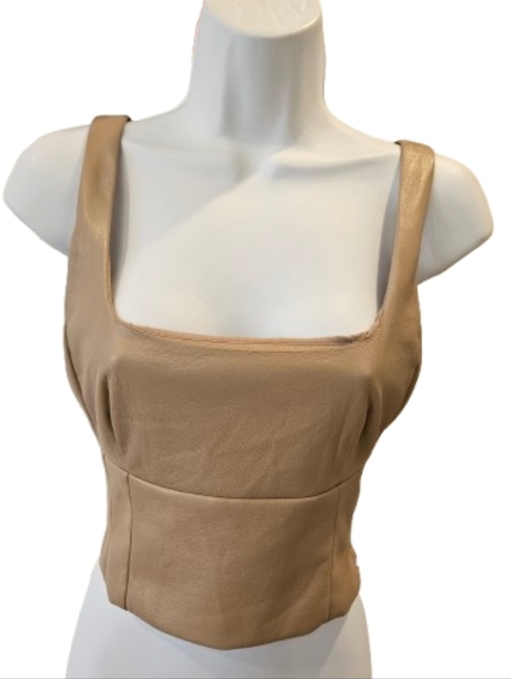 Wilfred Aritzia Vegan Leather Top XS Tan Corset Crop Square Neck Minimalist Chic